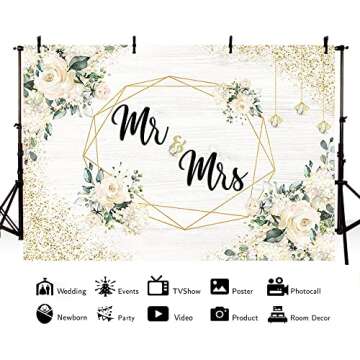 AIBIIN 7x5ft Mr and Mrs Backdrop White Floral Wedding Anniversary Photography Background Women Brida...