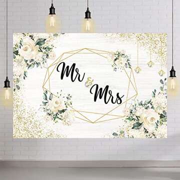 AIBIIN 7x5ft Mr and Mrs Backdrop White Floral Wedding Anniversary Photography Background Women Bridal Shower Party Decorations Bride to Be Engagement Couple Fall in Love Cake Smash Photo Studio Props