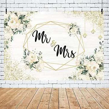 AIBIIN 7x5ft Mr and Mrs Backdrop White Floral Wedding Anniversary Photography Background Women Bridal Shower Party Decorations Bride to Be Engagement Couple Fall in Love Cake Smash Photo Studio Props