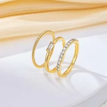 Moodear 3PCS Gold Rings for Women, Non Tarnish Wedding Bands Stackable Thin Rings for Women Cubic Zirconia Wedding Rings for Women 14k Gold Plated Aesthetic Jewelry Size 5