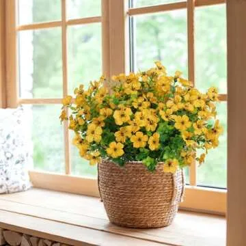 SOMYTING Artificial Azalea Flowers Outdoor 8 Bundles Fake Flowers Faux Plastic Eucalyptus Plants UV Resistant Silk Flower Shrubs for Garden Porch Window Hanging Planter Decorations (Yellow, 8PCS)