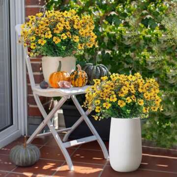 SOMYTING Artificial Azalea Flowers Outdoor 8 Bundles Fake Flowers Faux Plastic Eucalyptus Plants UV Resistant Silk Flower Shrubs for Garden Porch Window Hanging Planter Decorations (Yellow, 8PCS)