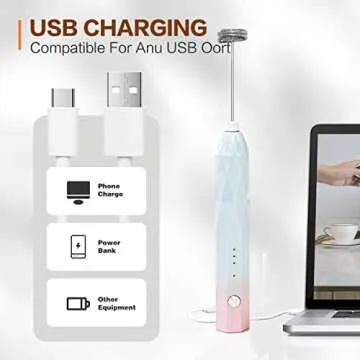 Milk Frother Rechargeable Handheld Electric Whisk Coffee Frother Mixer with 2 Stainless whisks 3 Spe...