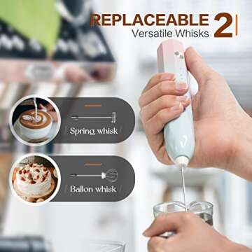 Milk Frother Rechargeable Handheld Electric Whisk Coffee Frother Mixer with 2 Stainless whisks 3 Speed Adjustable Foam Maker Blender for Coffee Matcha Latte Cappuccino Hot Chocolate (BluePink)