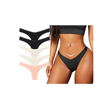 OQQ Women's 5 Piece Thongs Underwear Set – Cotton Breathable Low Rise Hipster Panties