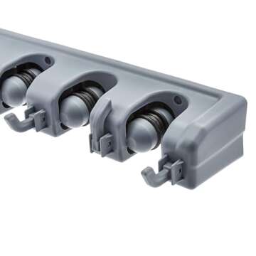 Amazon Basics Rectangular Heavy Duty, Wall Mount Storage Broom, Mop Holder or Tool Organizer with Hooks and Slots for Home, Garage, Garden, Laundry, or Kitchen, Gray, 16.75 x 3.35 x 2.36 Inches