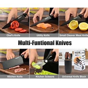 Knife Set, Wiztoynia 6-Piece Black Kitchen Knife Set for Home, Anti-Rust Non-stick Stainless Steel Sharp Chef Knife Set with Universal Knife Block for Kitchen, Ergonomical Design (Black)