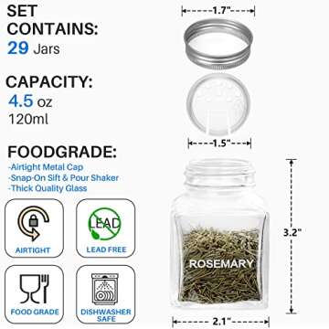 MIUKAA Unique Design Spice Jars with 372 Labels, 29-Pack 4.5 oz Personalized Cubic Clear Glass Spice...