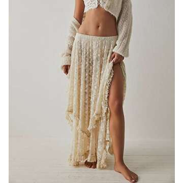 R.Vivimos Women Lace Long Skirts Summer Elastic Asymmetrical Layered Hem Sexy See-Through Beach Flor...