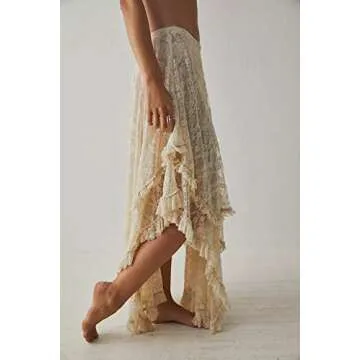 R.Vivimos Women Lace Long Skirts Summer Elastic Asymmetrical Layered Hem Sexy See-Through Beach Floral Maxi Skirts (Small, Beige)