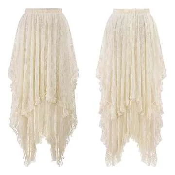 R.Vivimos Women Lace Long Skirts Summer Elastic Asymmetrical Layered Hem Sexy See-Through Beach Floral Maxi Skirts (Small, Beige)