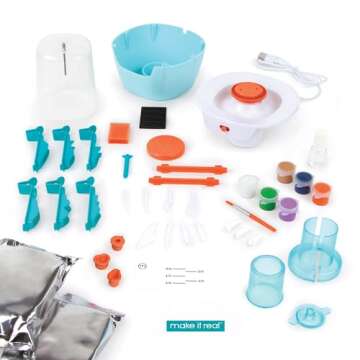 Make It Real Mini Pottery Studio Deluxe Set - DIY All-in-1 Sculpting Craft Kit for Kids & Tweens - Create 20 Unique Miniature Clay Projects - No Mess, No Bake, Quiet Wheel - All Skill Levels Ages 8