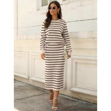 ANRABESS Women 2 Piece Outfits Striped Sweater Skirt Sets 2025 Fall Casual Long Sleeve Pullover Top Lounge Travel Midi Dress Beige Black X-Large