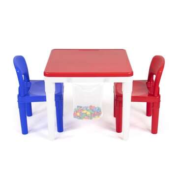 Humble Crew Kids Activity Table and 2 Chairs Set, White/Blue/Red - 2-in-1 Toddler Play Table Buildin...