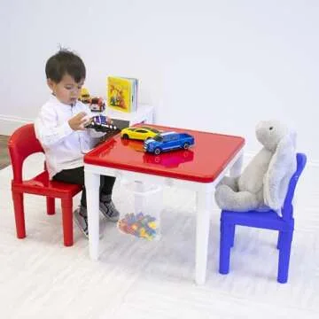 Humble Crew Kids Activity Table and 2 Chairs Set, White/Blue/Red - 2-in-1 Toddler Play Table Building Blocks Compatible - Premium Children’s Table and Chair Set for Arts, Crafts, Reading and More