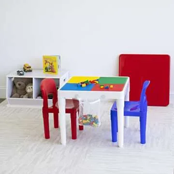 Humble Crew Kids Activity Table and 2 Chairs Set, White/Blue/Red - 2-in-1 Toddler Play Table Building Blocks Compatible - Premium Children’s Table and Chair Set for Arts, Crafts, Reading and More