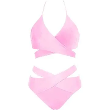 Holipick Two Piece Bikini Sets for Women High Waisted Bikini Push Up Swimsuit Halter Wrap Criss Cross Bathing Suit Pink