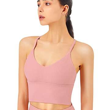 V Neck Longline Sports Bras for Women Spaghetti Straps Open Back Workout Tops Padded Crisscross Ribbed Yoga Tank Top