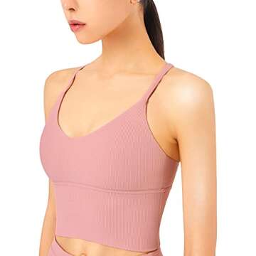 V Neck Longline Sports Bras for Women Spaghetti Straps Open Back Workout Tops Padded Crisscross Ribbed Yoga Tank Top