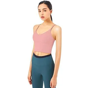 V Neck Longline Sports Bras for Women Spaghetti Straps Open Back Workout Tops Padded Crisscross Ribbed Yoga Tank Top