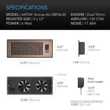 AC Infinity AIRTAP T4 Bronze, Register Booster Fan for 4” x 12” Register Holes, Improves Heating & Cooling Vents, Quiet 10-Speeds, Bluetooth App Control Data Alerts