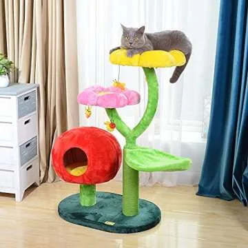 Catry Cat Tree – Nature Looking of Cat beds and Furniture All-in-1, Allure Cats Love to Lounge in and Lazily Recline While Playing with Cute Bees Toys and Scratching Post, Flowers