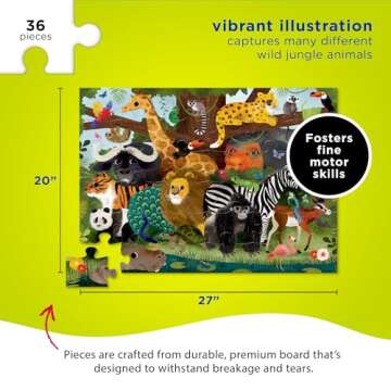 Crocodile Creek 36-Piece Jigsaw Floor Puzzle - Fun Floor Puzzles for Kids Ages 3-5 - Heavy-Duty Shaped Box for Storage - Jungle Friends - 27" W x 20" H Finished