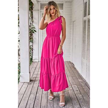 PRETTYGARDEN Women's Summer Floral Maxi Dress Knot One Shoulder Sleeveless Ruffle Flowy Boho Beach Wedding Guest Dresses (Solid Rose Red,X-Large)