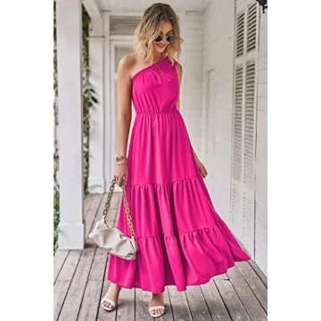 PRETTYGARDEN Women's Summer Floral Maxi Dress Knot One Shoulder Sleeveless Ruffle Flowy Boho Beach Wedding Guest Dresses (Solid Rose Red,X-Large)