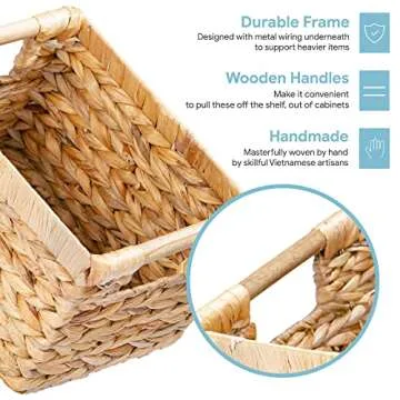 Small Wicker Baskets for Organizing Bathroom, Hyacinth Baskets for Storage, Wicker Storage Basket with Wooden Handle, Decorative Wicker Small Basket 10 x 7.5 x 6.3 inches - 3 Pack