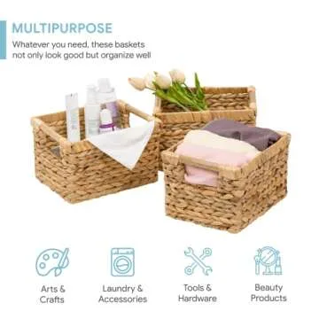 Small Wicker Baskets for Organizing Bathroom, Hyacinth Baskets for Storage, Wicker Storage Basket with Wooden Handle, Decorative Wicker Small Basket 10 x 7.5 x 6.3 inches - 3 Pack