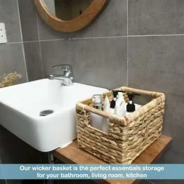 Small Wicker Baskets for Organizing Bathroom, Hyacinth Baskets for Storage, Wicker Storage Basket with Wooden Handle, Decorative Wicker Small Basket 10 x 7.5 x 6.3 inches - 3 Pack