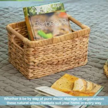 Small Wicker Baskets for Organizing Bathroom, Hyacinth Baskets for Storage, Wicker Storage Basket with Wooden Handle, Decorative Wicker Small Basket 10 x 7.5 x 6.3 inches - 3 Pack