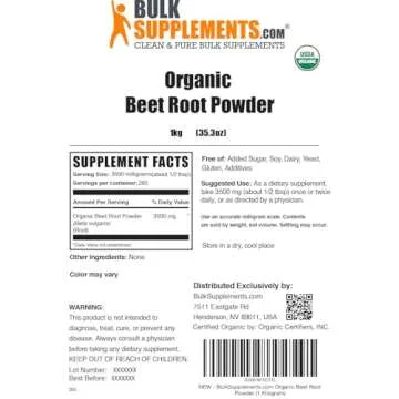 BulkSupplements.com Organic Beet Root Powder - Beet Powder Organic, Beetroot Supplement - Superfood Supplement, Vegan & Gluten Free - 3500mg per Serving, 1kg (2.2 lbs) (Pack of 1)