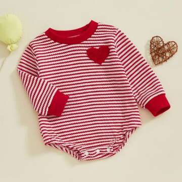 VISGOGO Valentine's Day Baby Sweatshirt Romper Striped Heart/Clover Waffle St.Patrick Day Long Sleeve Irish Onesie Jumpsuits (Red-Love Heart, 12-18 Months)