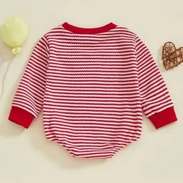 VISGOGO Valentine's Day Baby Sweatshirt Romper Striped Heart/Clover Waffle St.Patrick Day Long Sleeve Irish Onesie Jumpsuits (Red-Love Heart, 12-18 Months)
