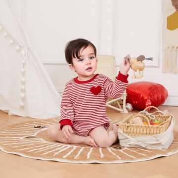 VISGOGO Valentine's Day Baby Sweatshirt Romper Striped Heart/Clover Waffle St.Patrick Day Long Sleeve Irish Onesie Jumpsuits (Red-Love Heart, 12-18 Months)