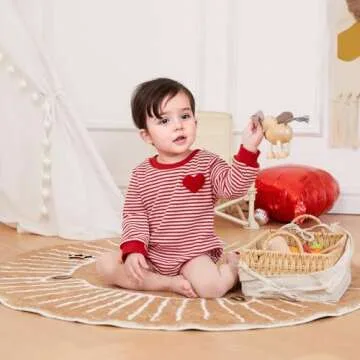 VISGOGO Valentine's Day Baby Sweatshirt Romper Striped Heart/Clover Waffle St.Patrick Day Long Sleeve Irish Onesie Jumpsuits (Red-Love Heart, 12-18 Months)