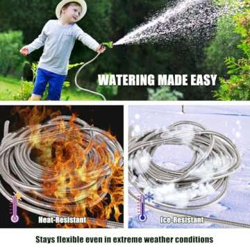 kegemor Garden Hose 100 ft-Metal Water Hose -Flexible Lightweight Outdoor Yard Strong Durable Heavy Duty 304 Stainless Steel Hose Pipe with 10-Way Nozzle, Solid 3/4" Brass Connectors, No Kink Hose