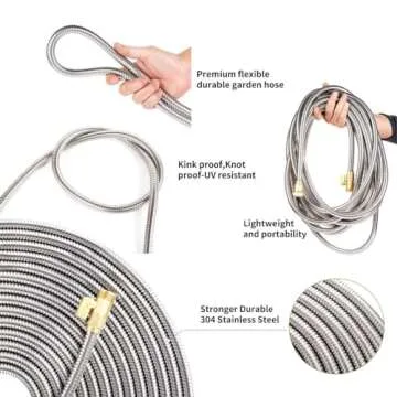 kegemor Garden Hose 100 ft-Metal Water Hose -Flexible Lightweight Outdoor Yard Strong Durable Heavy Duty 304 Stainless Steel Hose Pipe with 10-Way Nozzle, Solid 3/4" Brass Connectors, No Kink Hose