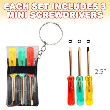 ArtCreativity Mini Screwdriver Set with Keychain (12 Pack) - Useful Adult Party Favors, Each Set Includes 3 Screw Drivers in a Handy Portable Pouch - Pocket Screwdriver & Mini Toolkit Keychain