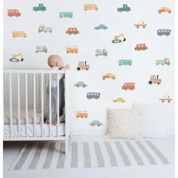 YIMEHDAN Watercolor Transportation Vehicle Wall Decals,Truck Tractor Excavator Bus Vinyl Wall Stickers, Self-Adhesive Cartoon Construction Car Artwork for Boys Bedroom Playroom Decor