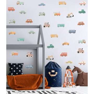 YIMEHDAN Watercolor Transportation Vehicle Wall Decals,Truck Tractor Excavator Bus Vinyl Wall Stickers, Self-Adhesive Cartoon Construction Car Artwork for Boys Bedroom Playroom Decor
