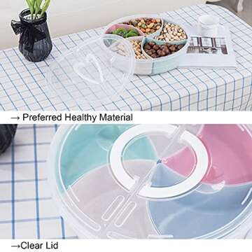 amokk Divided Serving Tray Platter with Lid & Handle Storage Container - 5 Plastic Compartment Box C...