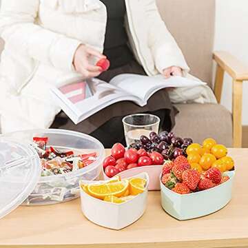 amokk Divided Serving Tray Platter with Lid & Handle Storage Container - 5 Plastic Compartment Box Clear Organizer - for Candy, Fruits, Nuts, Snacks Parties Entertaining