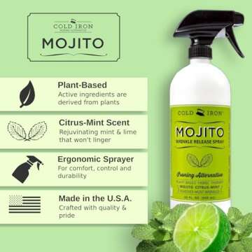 Cold Iron Wrinkle Release Spray for Clothes. 32 fl oz. Mojito Citrus Mint. Plant Based Ironing Alternative. Fast, Easy to Use. Spray, Smooth, Hang. Award Winning Formula Saves you Time