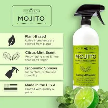 Cold Iron Wrinkle Release Spray for Clothes. 32 fl oz. Mojito Citrus Mint. Plant Based Ironing Alternative. Fast, Easy to Use. Spray, Smooth, Hang. Award Winning Formula Saves you Time