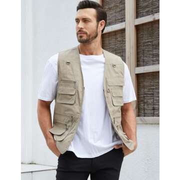 Gihuo Men's Fishing Vest Utility Safari Travel Vest with Pockets Outdoor Work Photo Cargo Fly Summer...