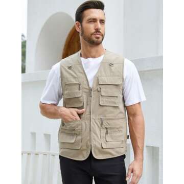 Gihuo Men's Fishing Vest Utility Safari Travel Vest with Pockets Outdoor Work Photo Cargo Fly Summer Vest (X-Large, Light Khaki)