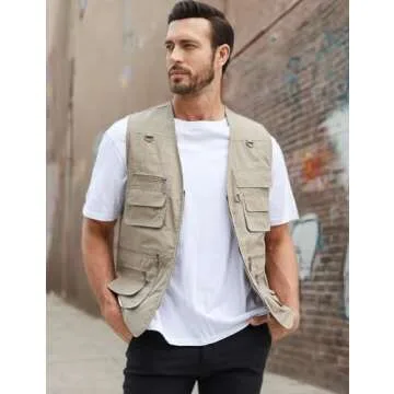 Gihuo Men's Fishing Vest Utility Safari Travel Vest with Pockets Outdoor Work Photo Cargo Fly Summer Vest (X-Large, Light Khaki)